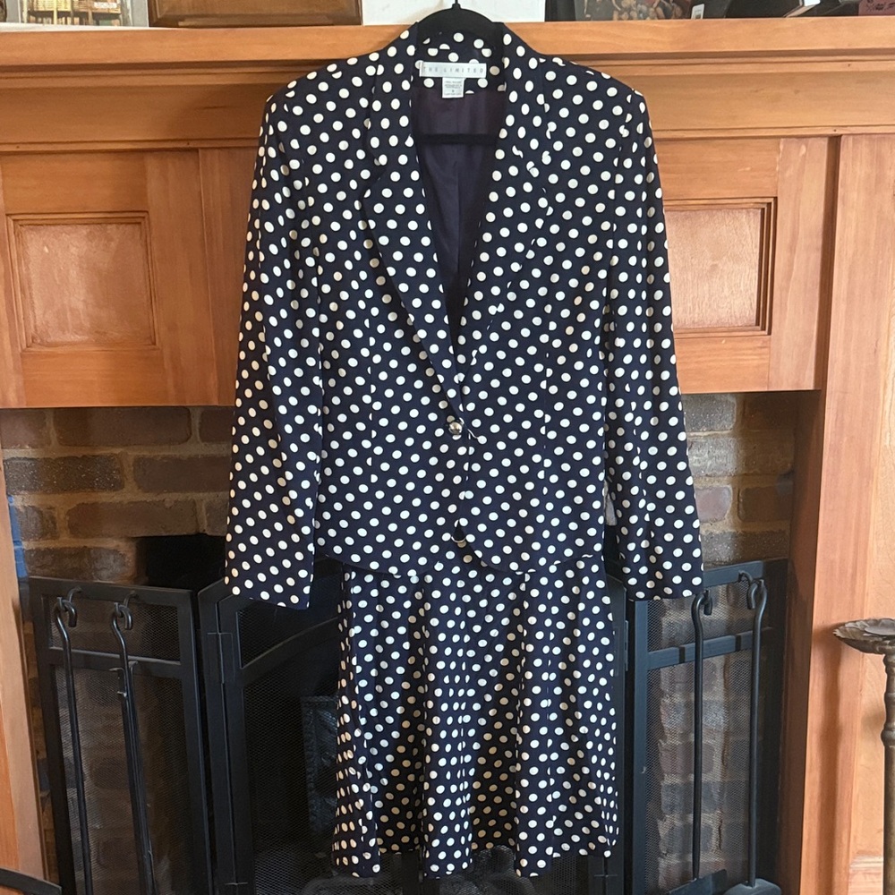VTG 90s The Limited Navy White Polka Dot Skirt Suit Blazer Jacket 2 Piece Size 8